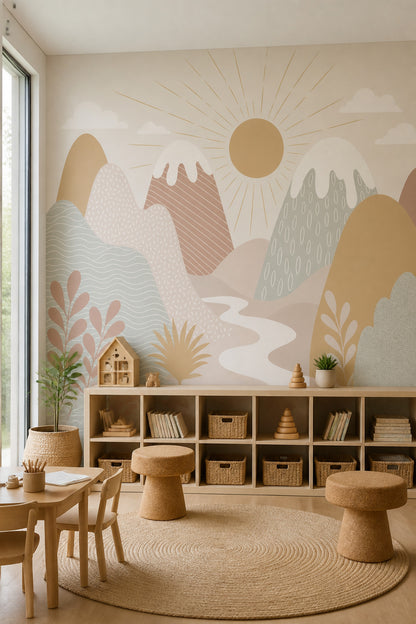 Abstract Landscape Wallpaper Mountains Sunburst Removable Wall Decor