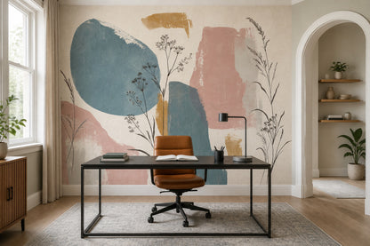 Abstract Botanical Wallpaper Wild Grasses Cream Background Wall Mural