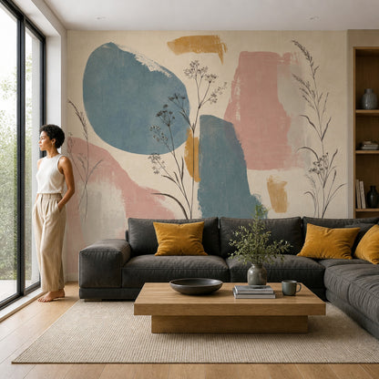 Abstract Botanical Wallpaper Wild Grasses Cream Background Wall Mural