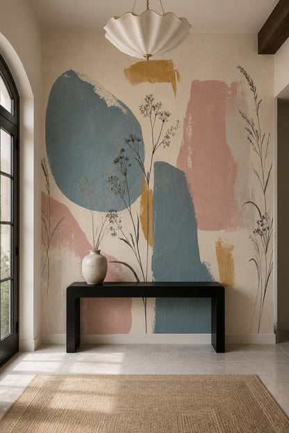 Abstract Botanical Wallpaper Wild Grasses Cream Background Wall Mural