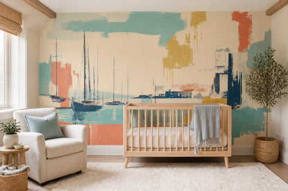 Abstract Harbor Wallpaper Sailboats Removable Coastal Wall Decor