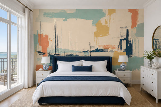 Abstract Harbor Wallpaper Sailboats Removable Coastal Wall Decor