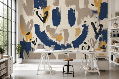 Abstract Wallpaper Navy Brushstrokes Paint Splatter Wall Mural