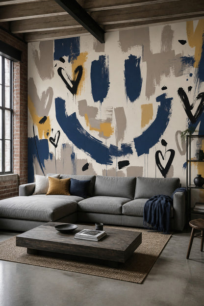 Abstract Wallpaper Navy Brushstrokes Paint Splatter Wall Mural