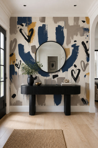 Abstract Wallpaper Navy Brushstrokes Paint Splatter Wall Mural