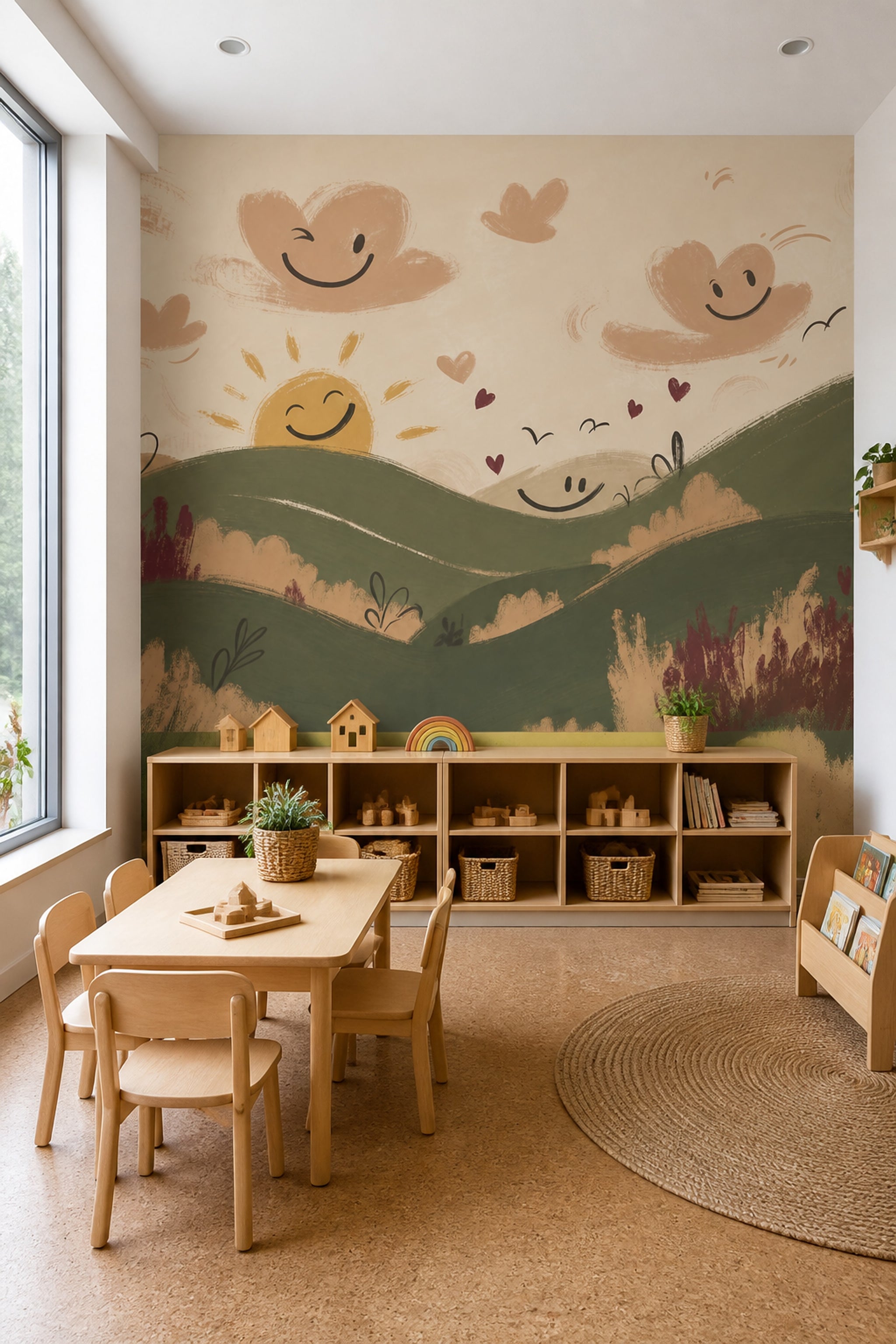Whimsical Landscape Wallpaper Rolling Hills Smiling Sun Removable Wall Decor