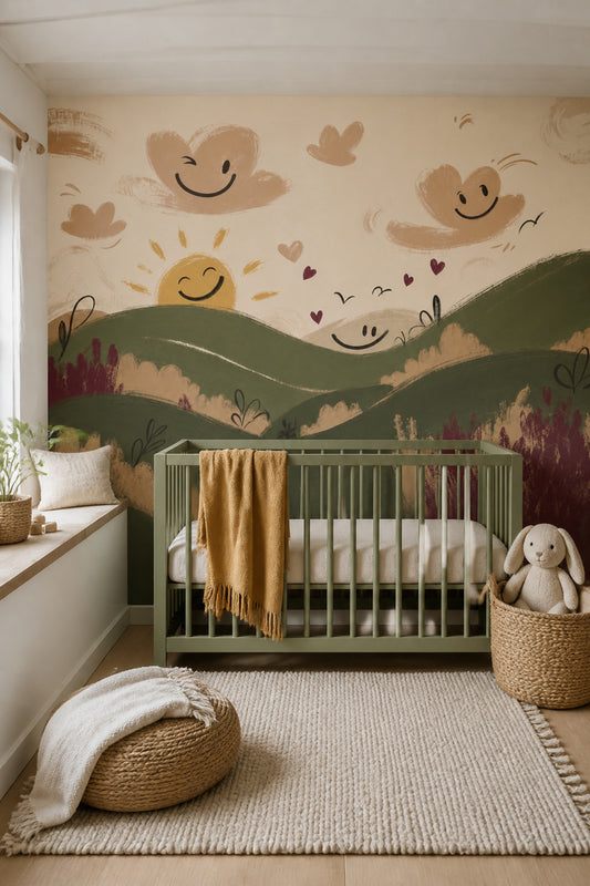 Whimsical Landscape Wallpaper Rolling Hills Smiling Sun Removable Wall Decor