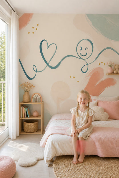Teal Doodle Wallpaper Heart Smiley Face Wall Mural
