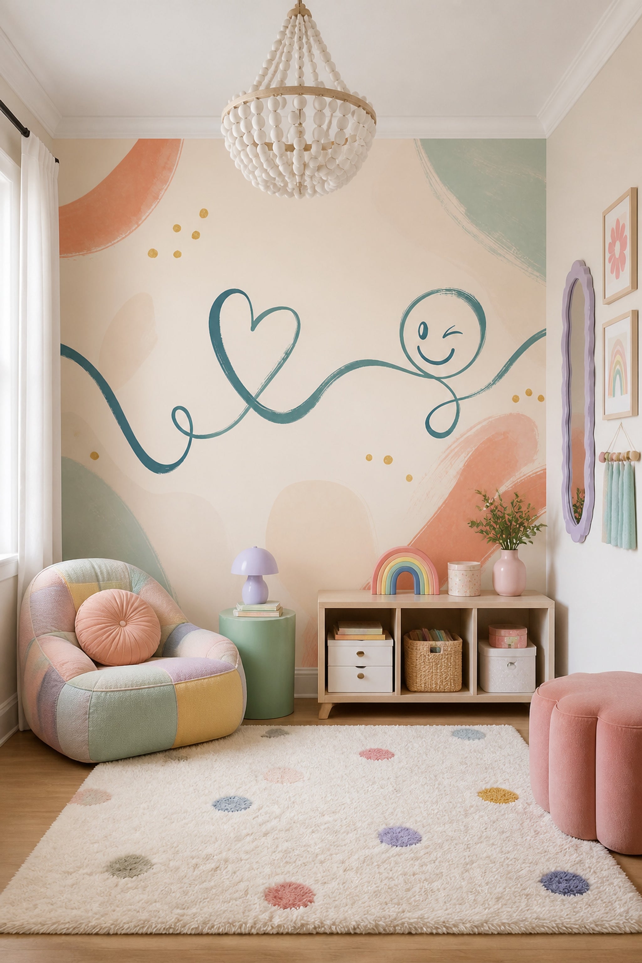 Teal Doodle Wallpaper Heart Smiley Face Wall Mural
