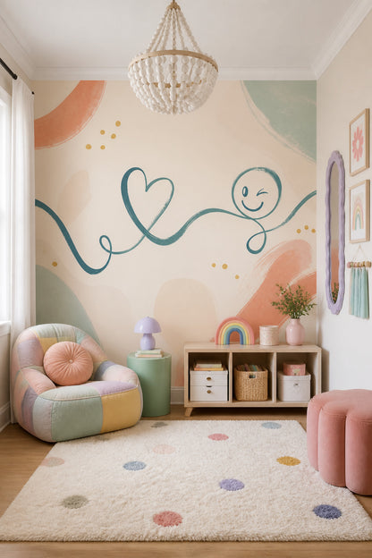 Teal Doodle Wallpaper Heart Smiley Face Wall Mural