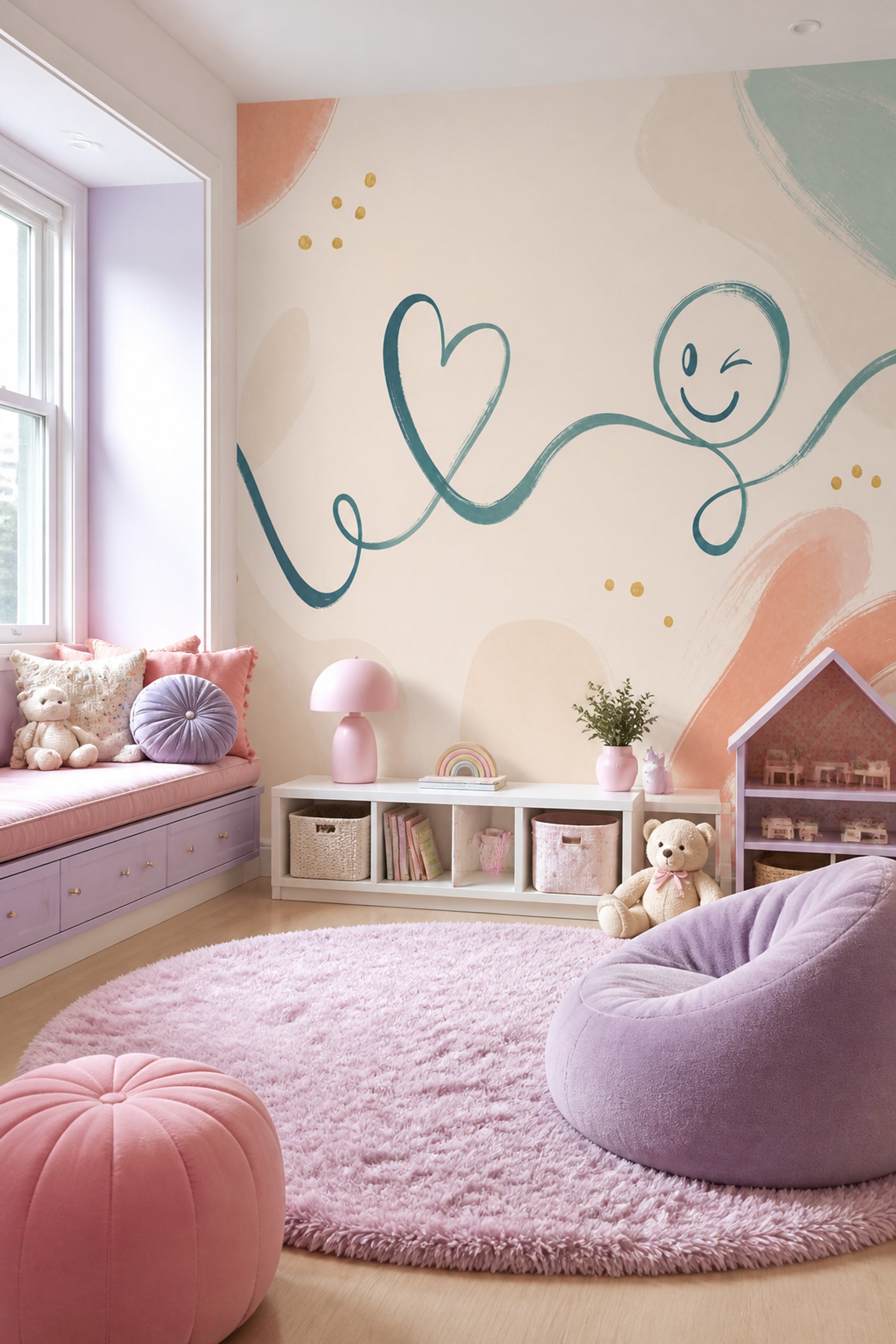 Teal Doodle Wallpaper Heart Smiley Face Wall Mural