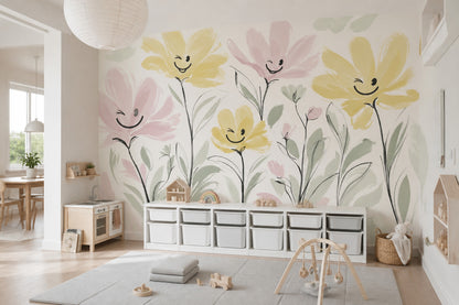 Smiling Flowers Wallpaper Pastel Removable Botanical Wall Decor
