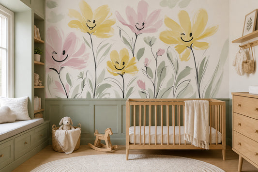 Smiling Flowers Wallpaper Pastel Removable Botanical Wall Decor