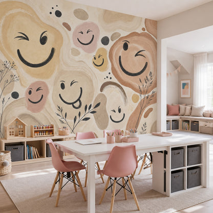 Abstract Smiley Faces Wallpaper Bohemian Wallpaper Organic Shapes Removable Wall Decor