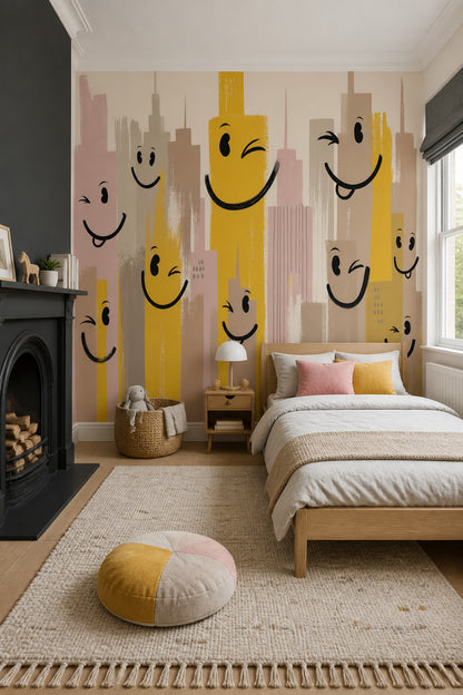 Playful Cityscape Wallpaper Smiling Buildings Whimsical Wallpaper Removable Wall Decor