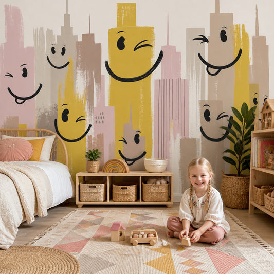 Playful Cityscape Wallpaper Smiling Buildings Whimsical Wallpaper Removable Wall Decor