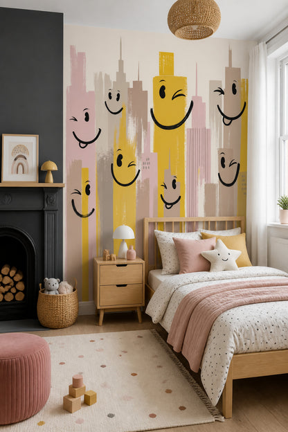 Playful Cityscape Wallpaper Smiling Buildings Whimsical Wallpaper Removable Wall Decor