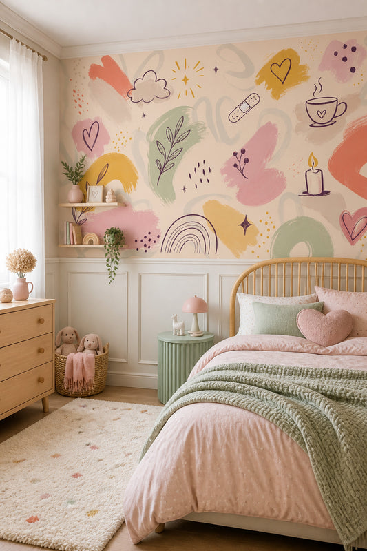 Abstract Doodles Wallpaper Hand Drawn Cream Background Wall Mural