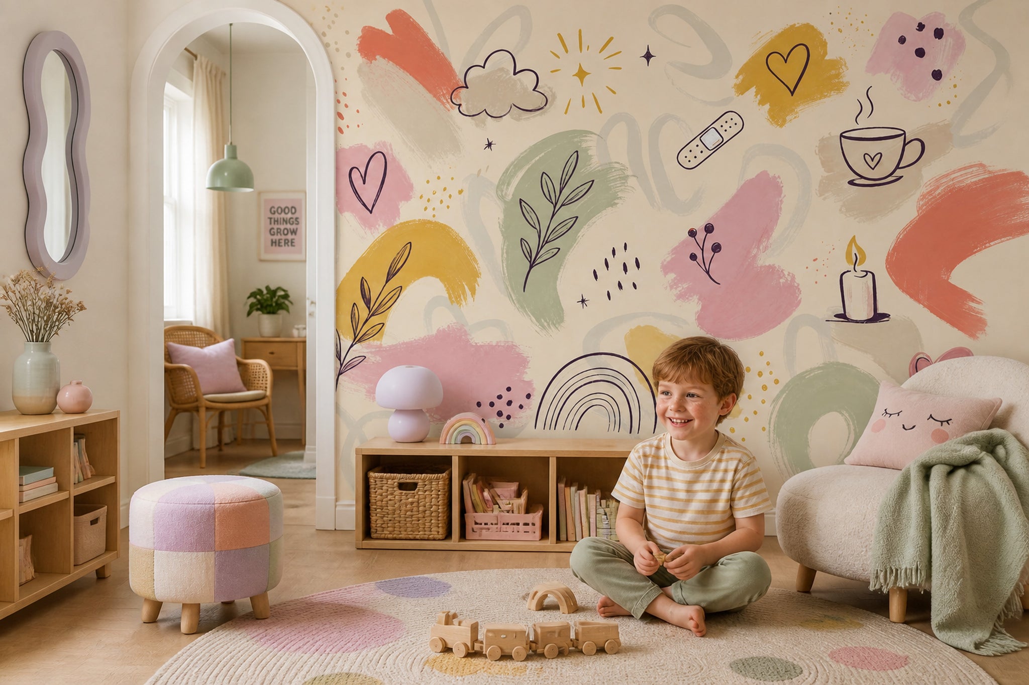 Abstract Doodles Wallpaper Hand Drawn Cream Background Wall Mural