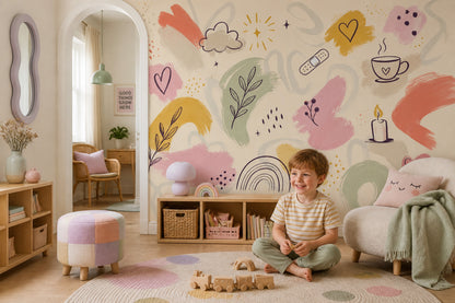 Abstract Doodles Wallpaper Hand Drawn Cream Background Wall Mural