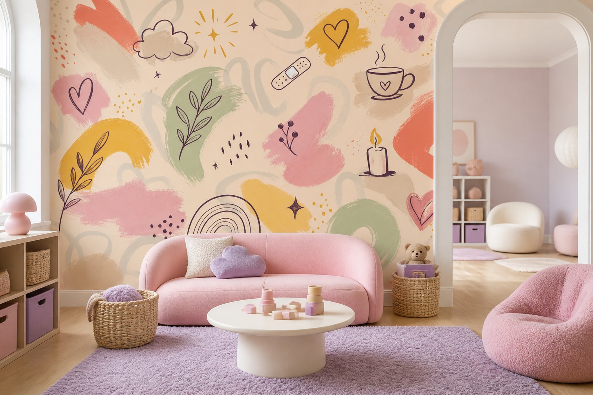 Abstract Doodles Wallpaper Hand Drawn Cream Background Wall Mural