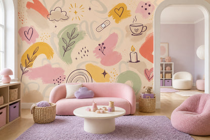 Abstract Doodles Wallpaper Hand Drawn Cream Background Wall Mural