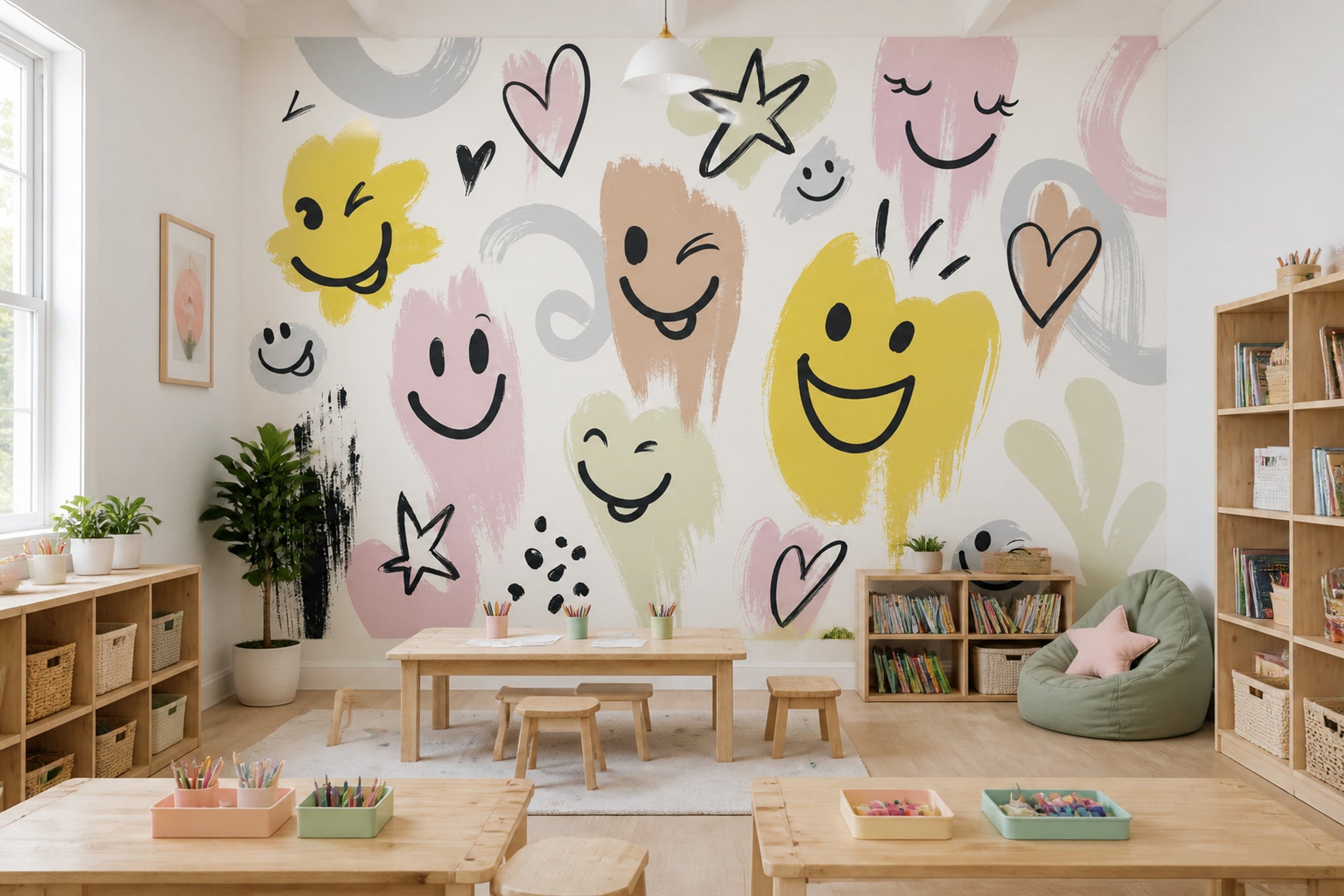 Smiley Faces Wallpaper Hearts Doodle Removable Wall Decor