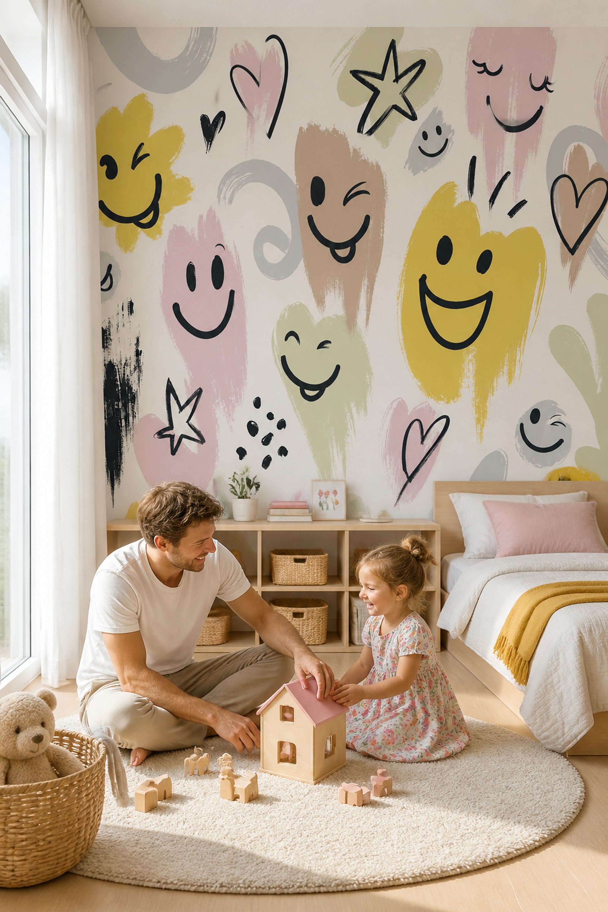 Smiley Faces Wallpaper Hearts Doodle Removable Wall Decor