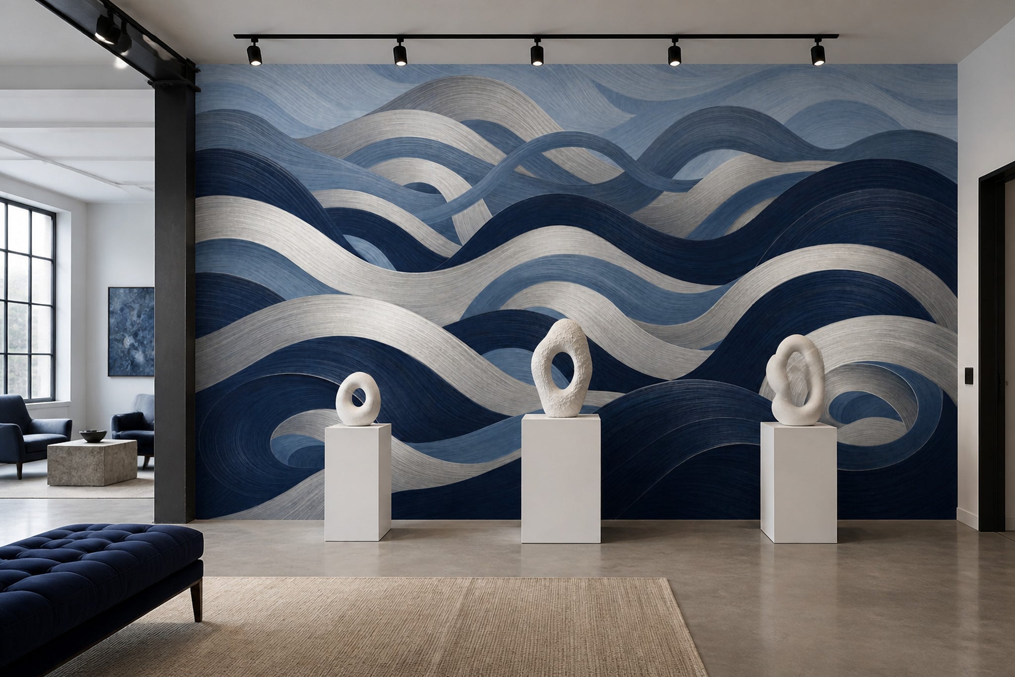 Abstract Waves Wallpaper Dark Navy Removable Coastal Wall Decor