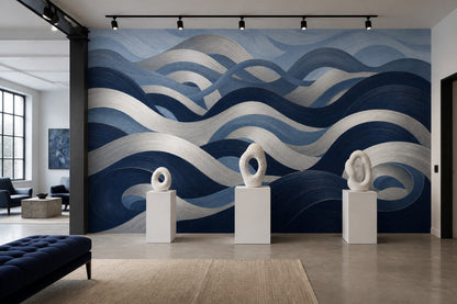 Abstract Waves Wallpaper Dark Navy Removable Coastal Wall Decor