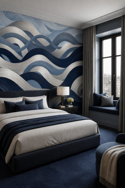 Abstract Waves Wallpaper Dark Navy Removable Coastal Wall Decor