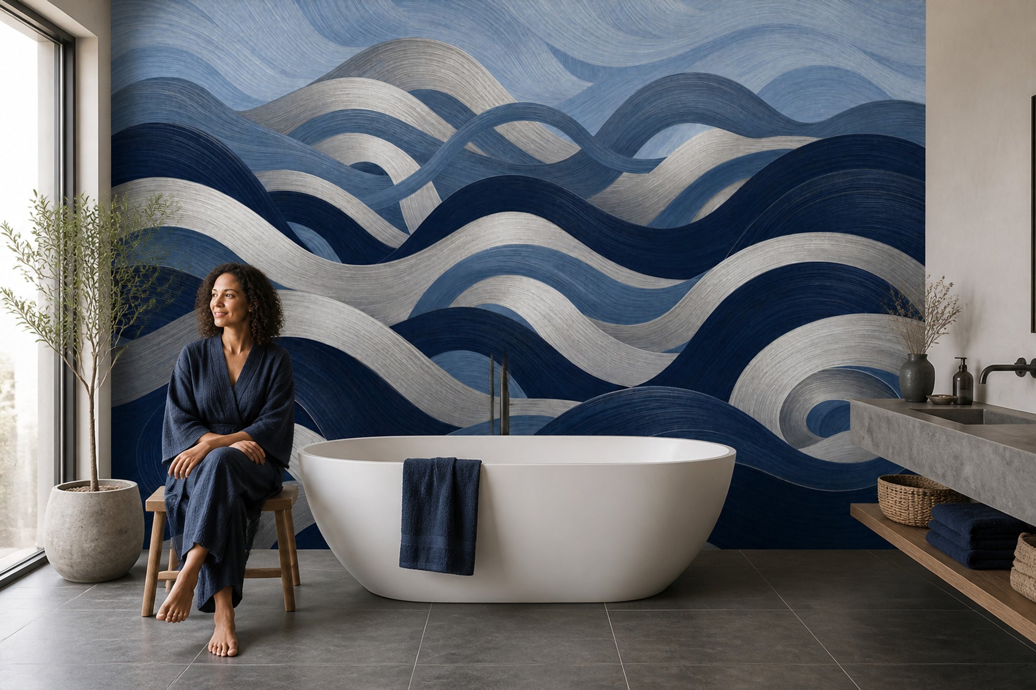 Abstract Waves Wallpaper Dark Navy Removable Coastal Wall Decor