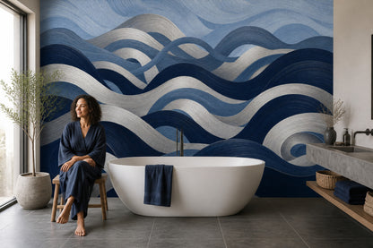 Abstract Waves Wallpaper Dark Navy Removable Coastal Wall Decor