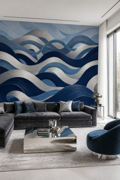 Abstract Waves Wallpaper Dark Navy Removable Coastal Wall Decor