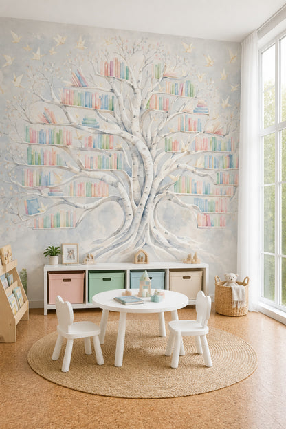 Watercolor Tree Wallpaper Bookshelf Whimsical Library Removable Wall Decor
