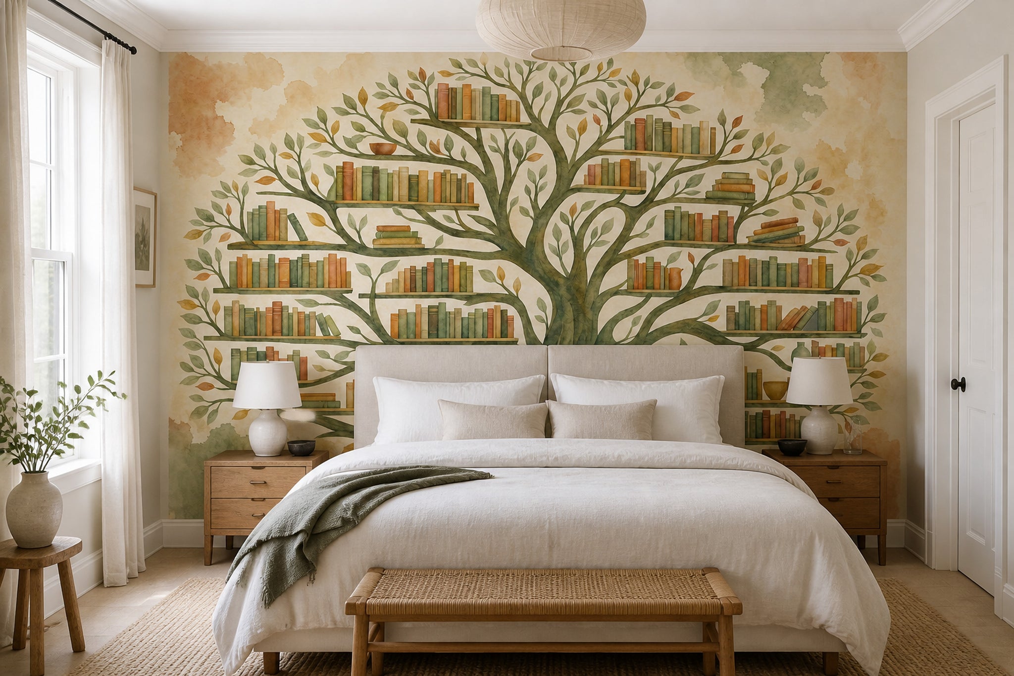 Watercolor Tree Wallpaper Bookshelf Library Wall Mural
