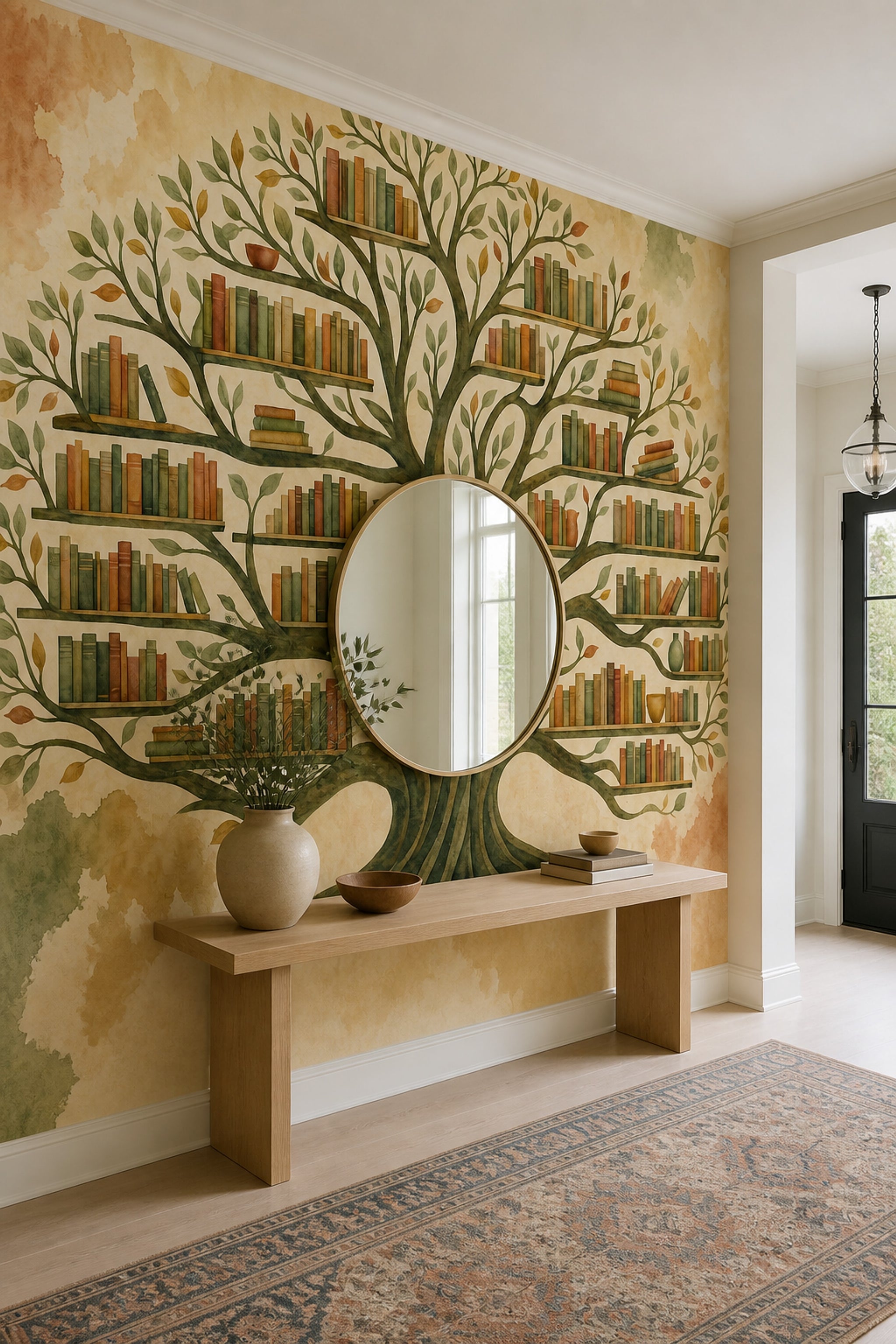 Watercolor Tree Wallpaper Bookshelf Library Wall Mural