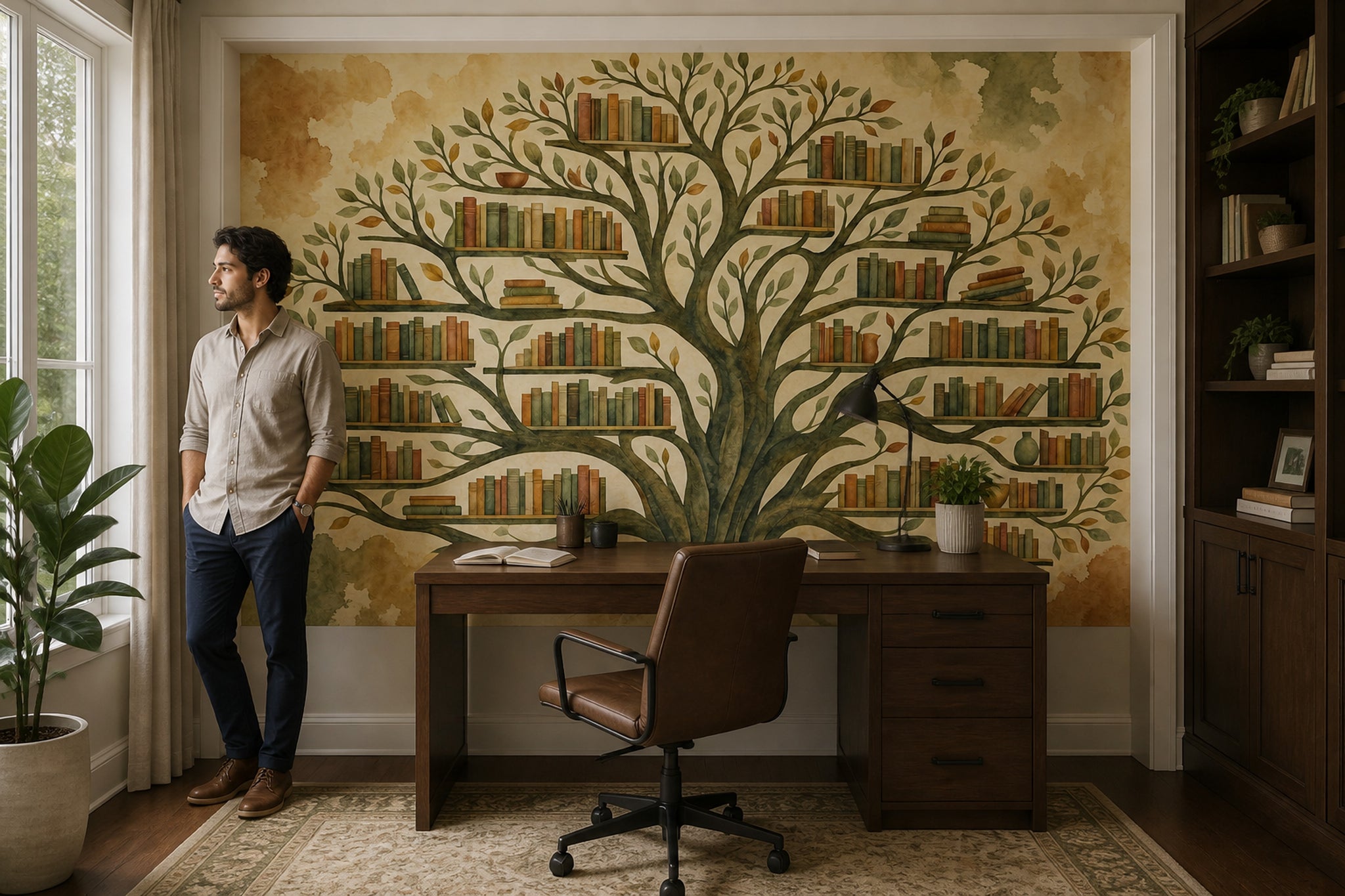 Watercolor Tree Wallpaper Bookshelf Library Wall Mural