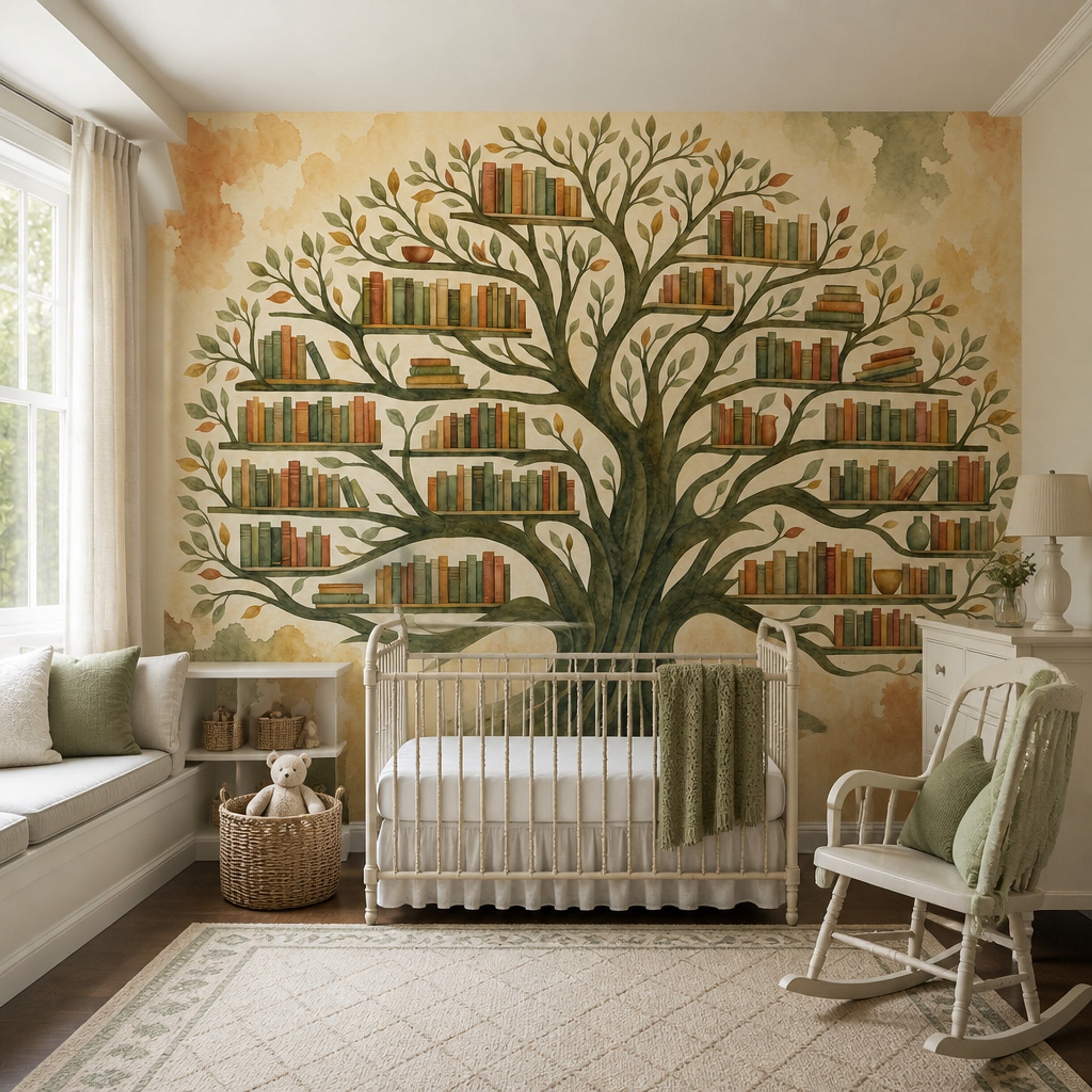Watercolor Tree Wallpaper Bookshelf Library Wall Mural