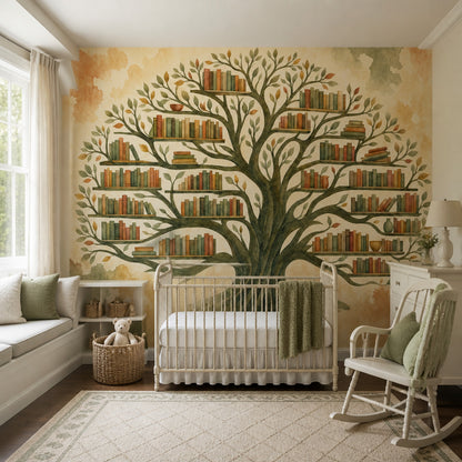 Watercolor Tree Wallpaper Bookshelf Library Wall Mural