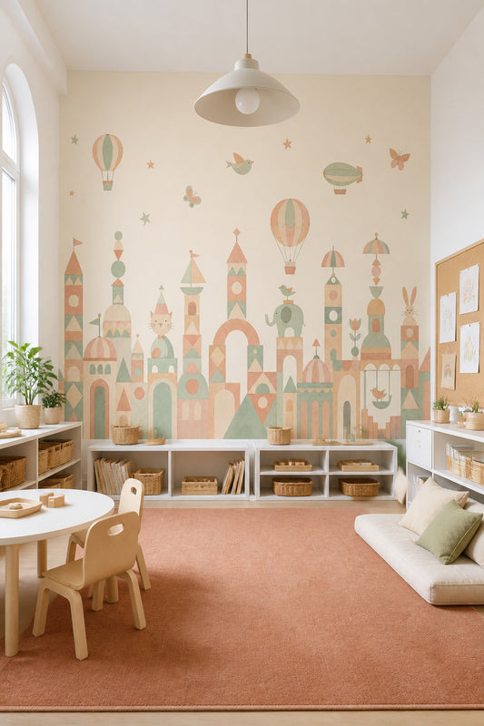 Pastel Cityscape Wallpaper Nursery Wallpaper Removable Hot Air Balloons Wall Decor