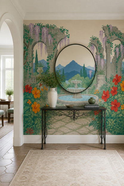 Mediterranean Garden Wallpaper Stone Ruins Classical Arches Removable Wall Decor