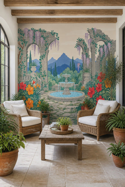Mediterranean Garden Wallpaper Stone Ruins Classical Arches Removable Wall Decor