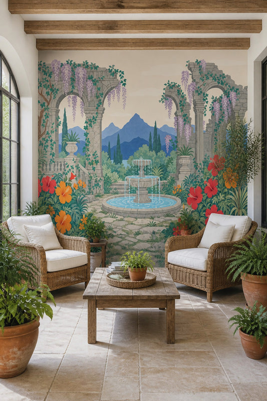 Mediterranean Garden Wallpaper Stone Ruins Classical Arches Removable Wall Decor