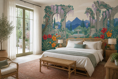 Mediterranean Garden Wallpaper Stone Ruins Classical Arches Removable Wall Decor