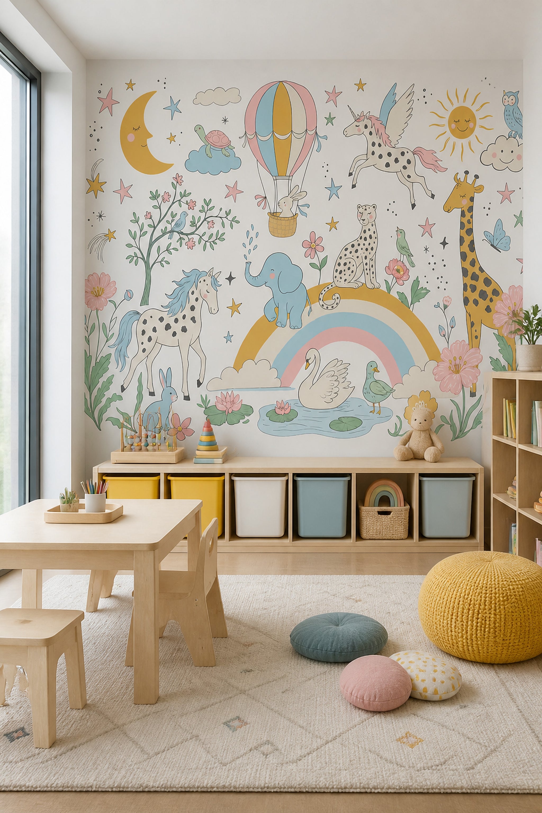 White Background Wallpaper Hot Air Balloon Rainbow Wall Mural
