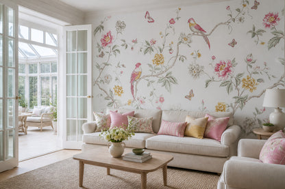 White Background Wallpaper Floral Removable Botanical Wall Decor