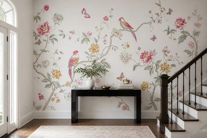 White Background Wallpaper Floral Removable Botanical Wall Decor