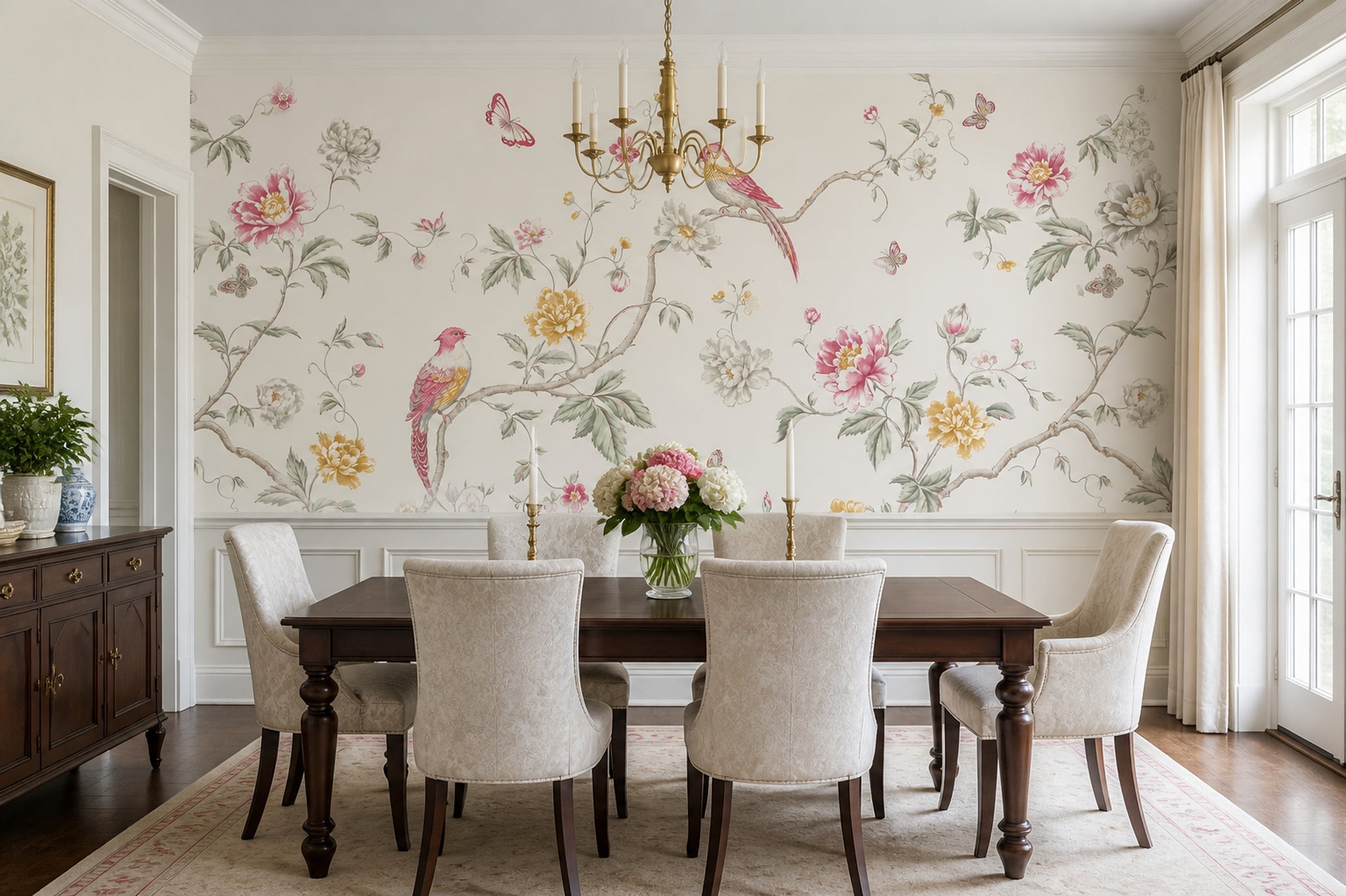 White Background Wallpaper Floral Removable Botanical Wall Decor