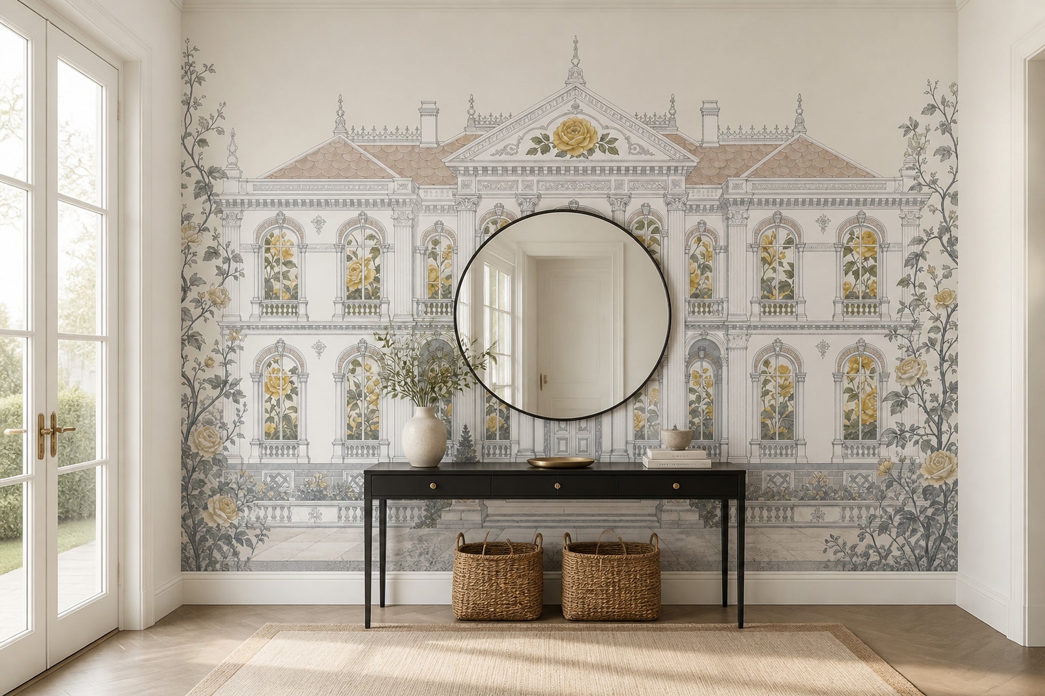 French Chateau Wallpaper Mansion Roses Wall Mural